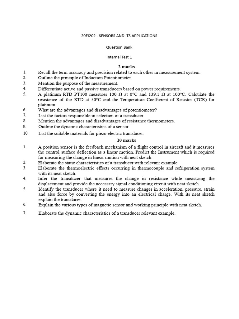 Bank Test on Sensors and Transducers | PDF