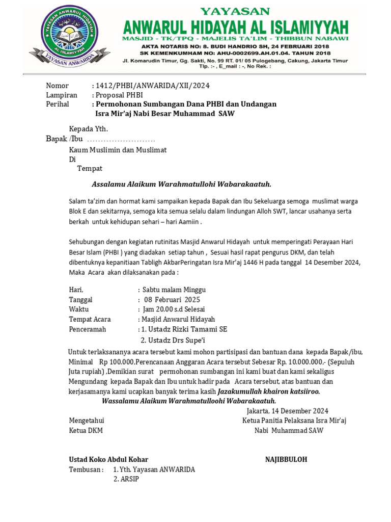 Permohonan Sumbangan Dana PHBI ISRA MIRAJ 2024 | PDF