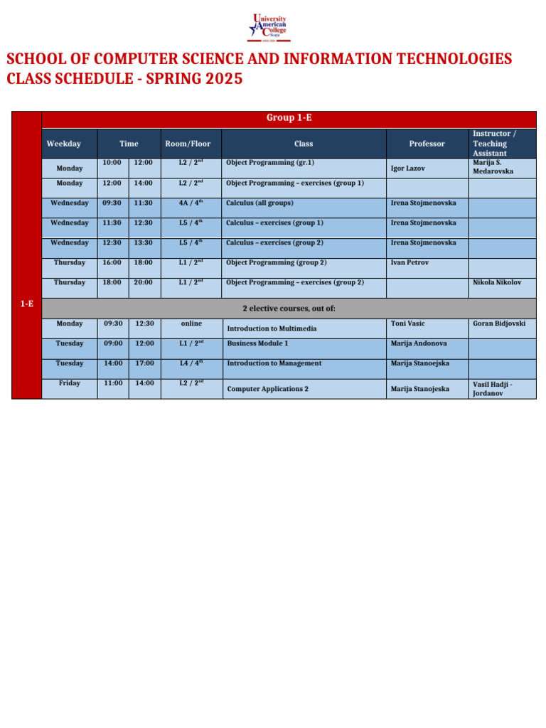 HT28 Class Schedule Spring 2025 | PDF | Computer Science | Information ...