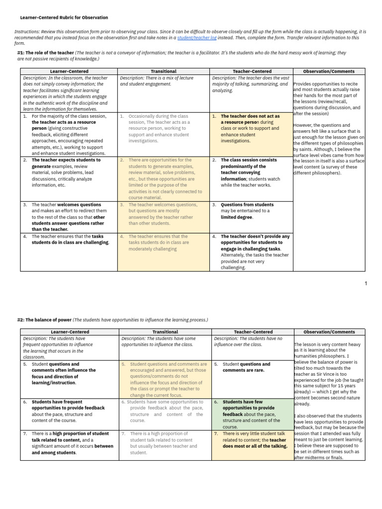 Learner-Centered Observation Rubric | PDF | Educational Assessment ...