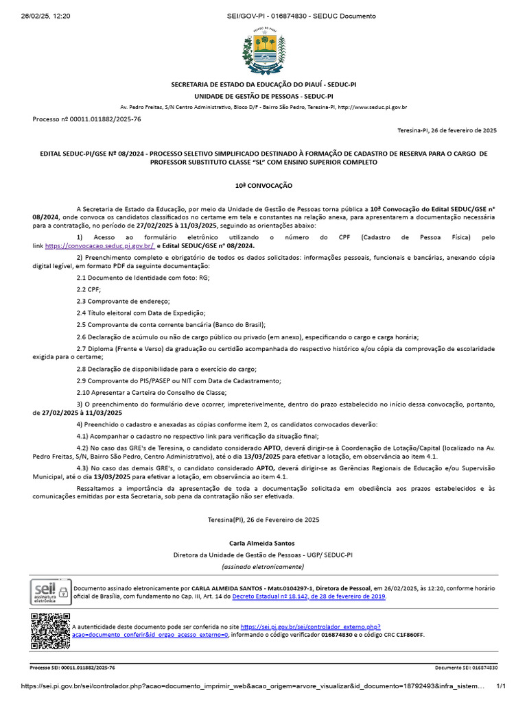 10ª Convocação Professor Substituto SEDUC-PI | PDF