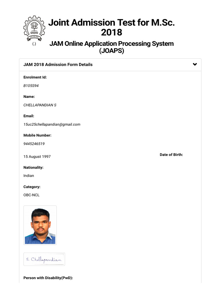 JAM 2018 M.Sc. Chemistry Application | PDF | Mathematics