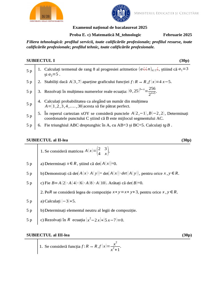 Subiecte BAC M Tehn 2025 | PDF