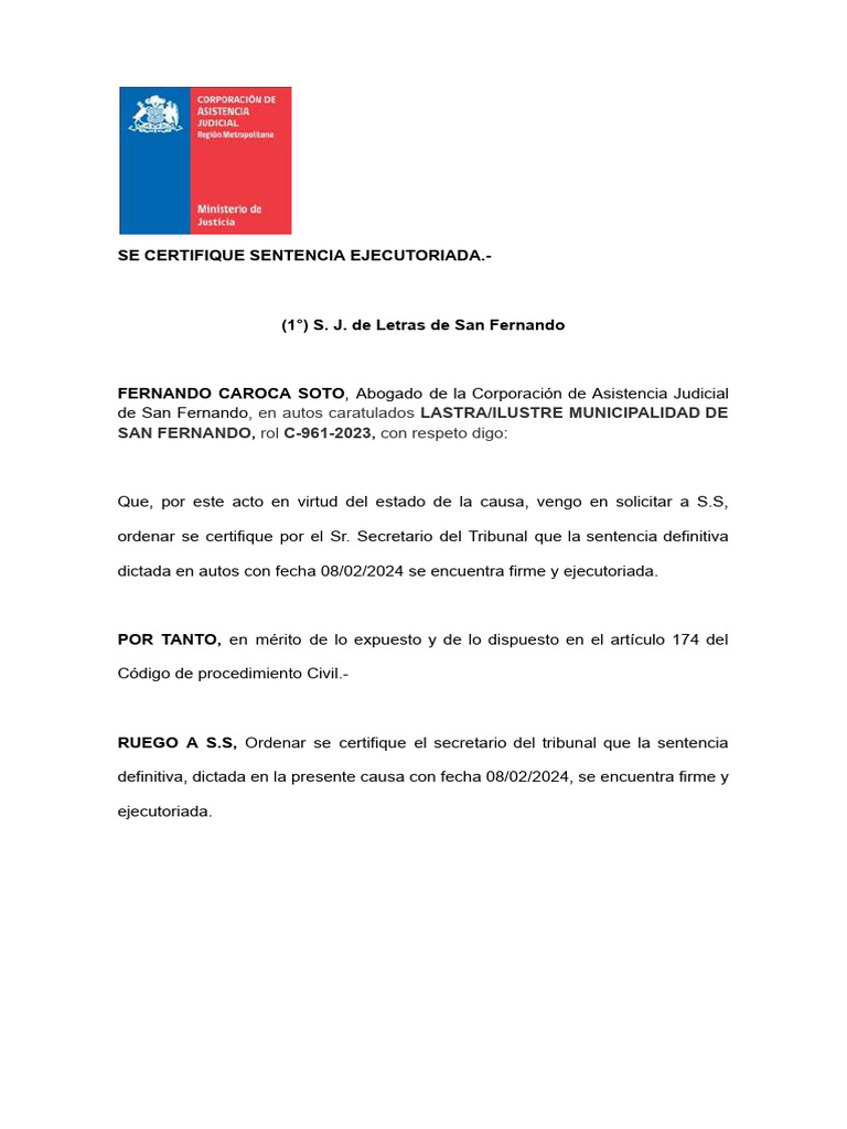 Certificación de Sentencia Ejecutoriada | PDF