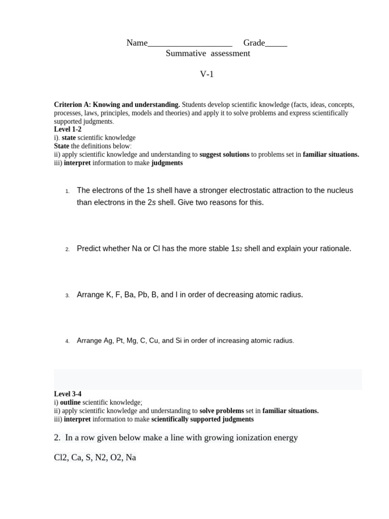 Science Assessment: Atomic Structure & Bonding | PDF | Knowledge ...