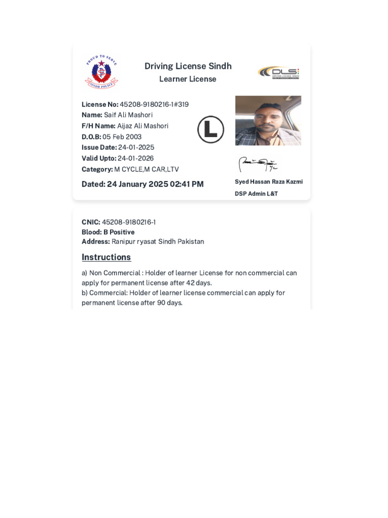 Sindh Learner Driving License Details | PDF