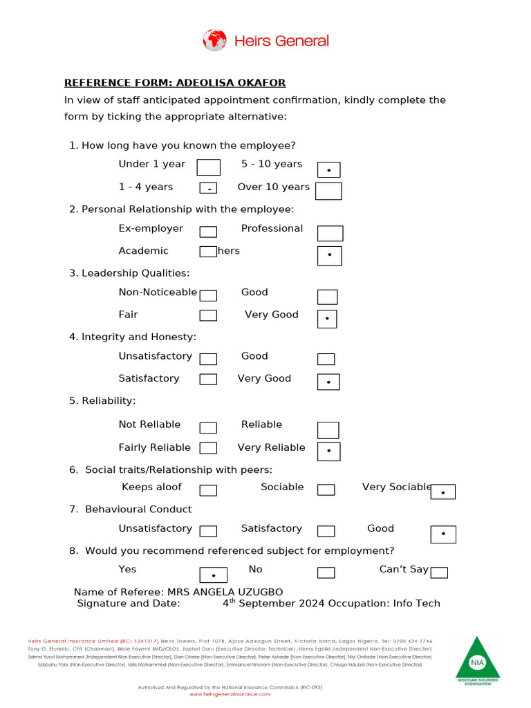 Personal Reference Form | PDF
