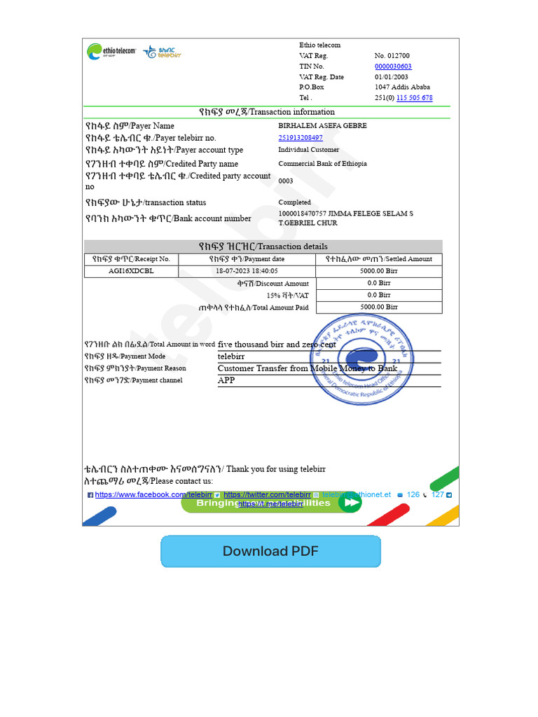 Ethio Telecom Payment Receipt Details | PDF