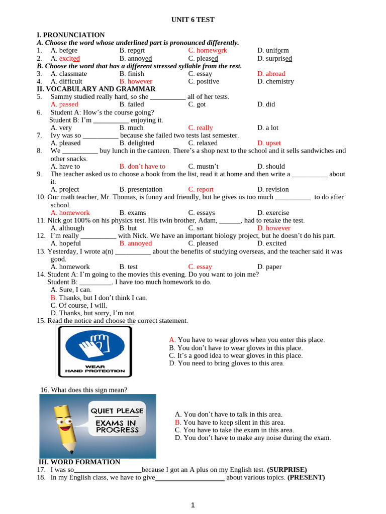 Tiếng Anh 7 ISW Unit 6 Test Answer Key | PDF | Linguistics