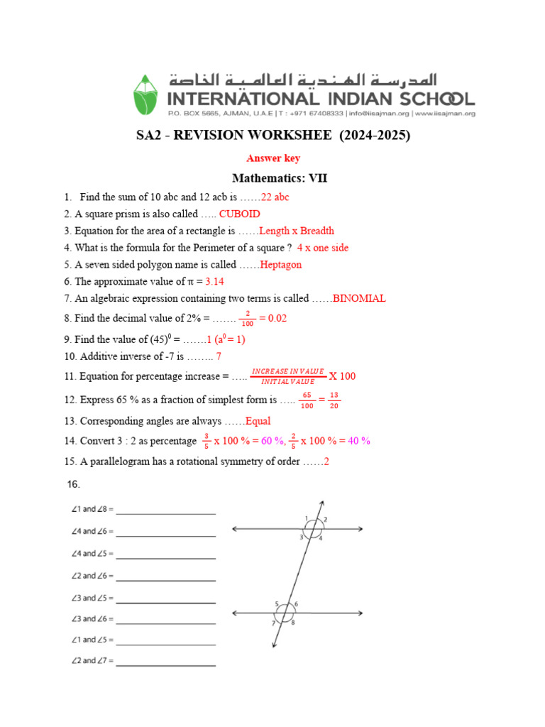 Mathematics Revision Worksheet 2024-2025 | PDF | Mathematics ...