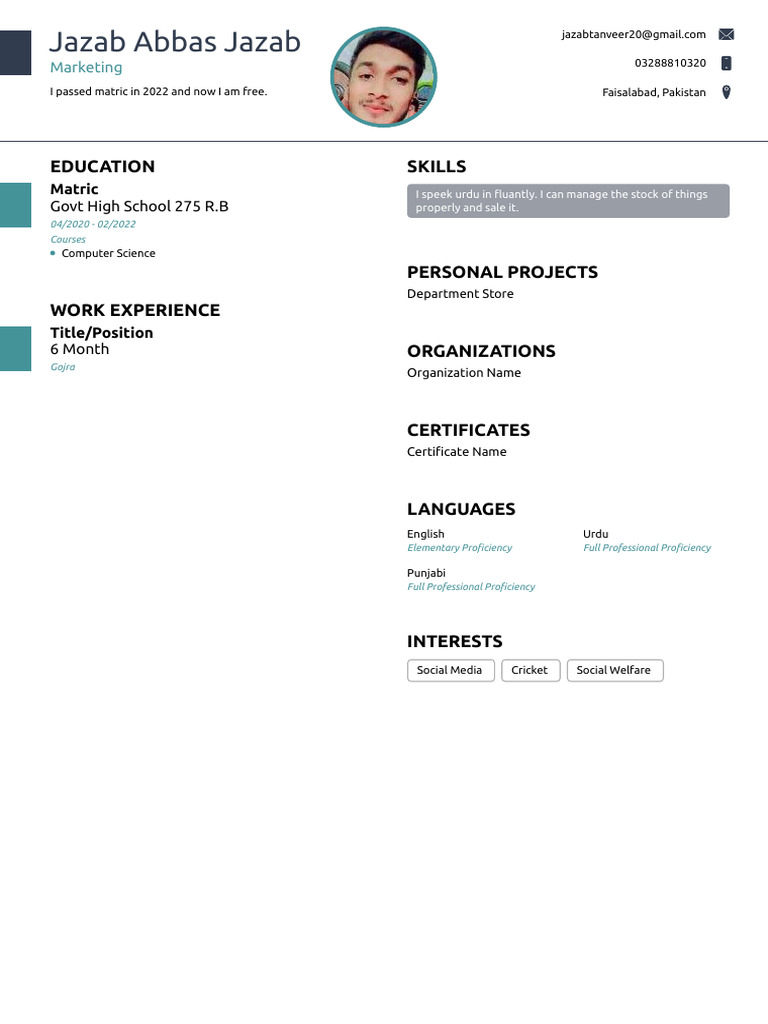 Jazab Abbas: Matric Graduate Profile | PDF