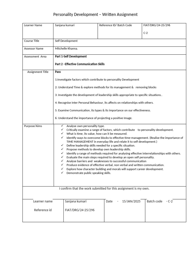 Personality Development Assignment Guide | PDF | Swot Analysis ...