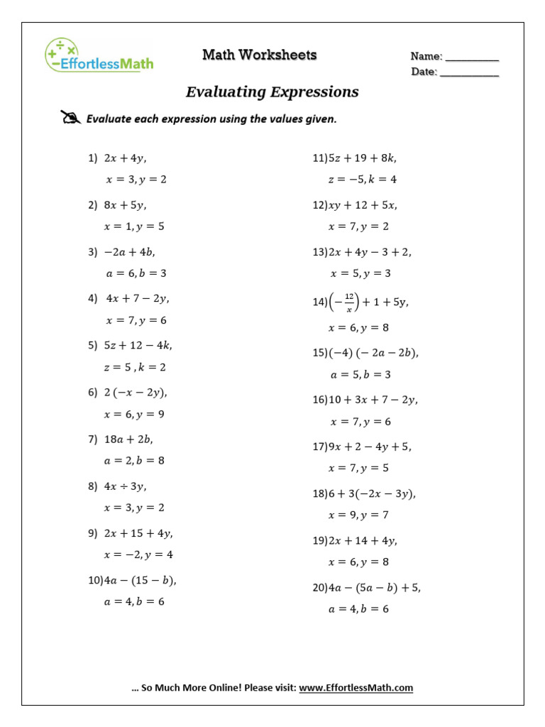 Evaluate Math Expressions Worksheet | PDF