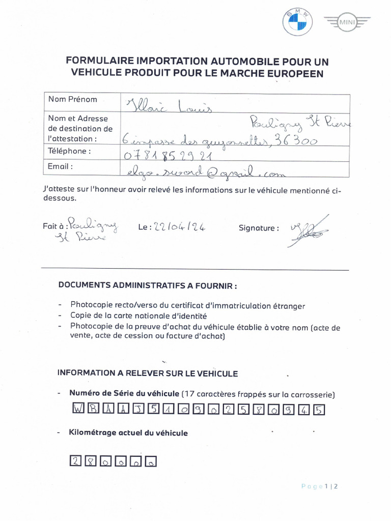 Formulaire Importation Véhicule BMW | PDF