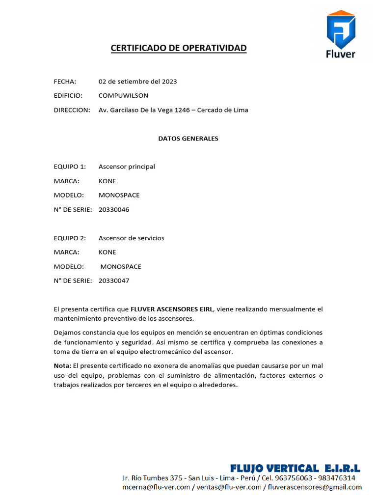 Certificado de Operatividad Compuwilson | PDF