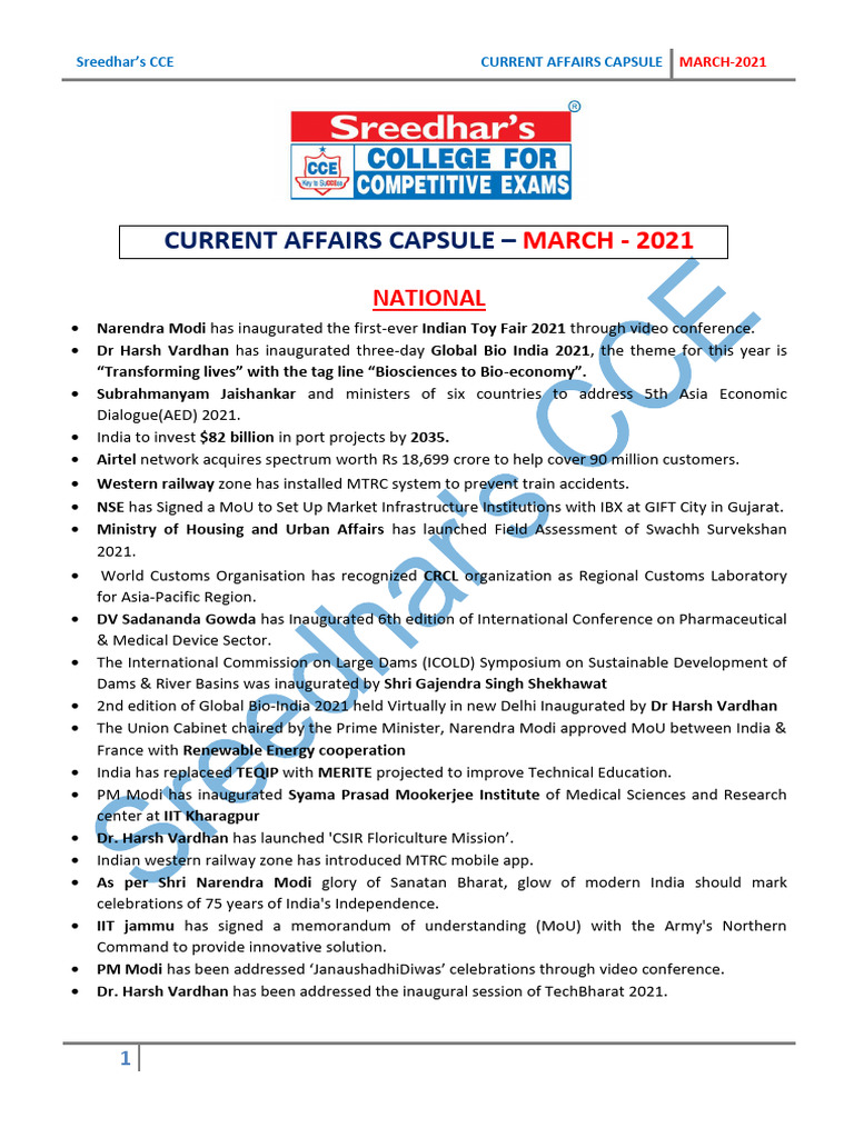 Current Affairs Capsule - March - 2021 | PDF | Reserve Bank Of India ...