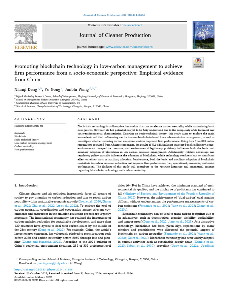 1 s2.0 S095965262401134X Main | PDF | Low Carbon Economy | Innovation