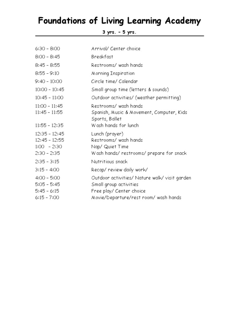 Daily Schedule for Living Learning Academy | PDF