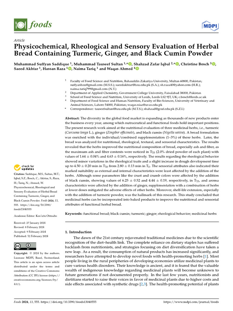 Physicochemical, Rheological and Sensory Evaluation of Herbal Bread ...