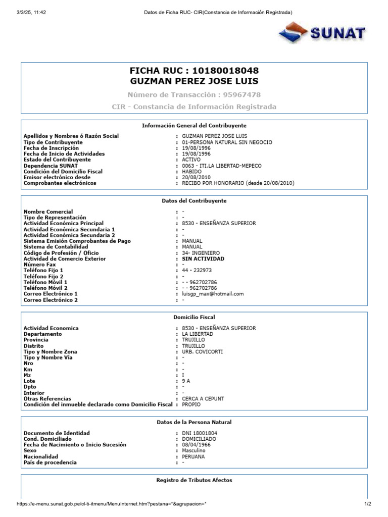 Ficha RUC de Guzmán Pérez José Luis | PDF