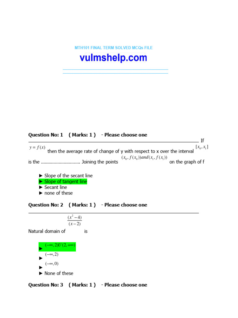 MTH101 FINAL TERM SOLVED MCQs File - DWNLD From | PDF