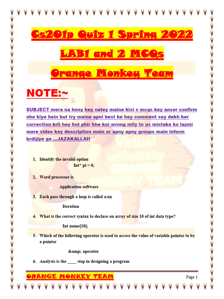 Cs201p Quiz 1 MCQs Overview | PDF | Pointer (Computer Programming) | C++