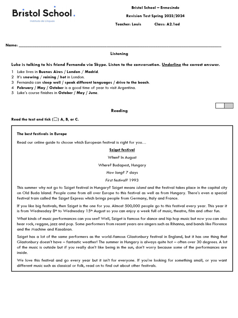 A2.1 Adults 2023-2024 Spring Test - Sample Test DONE | PDF ...
