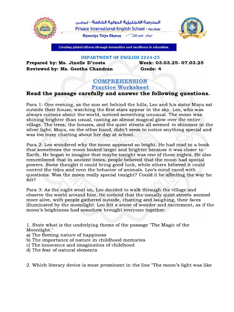 EE - Comprehension Practice Worksheet | PDF