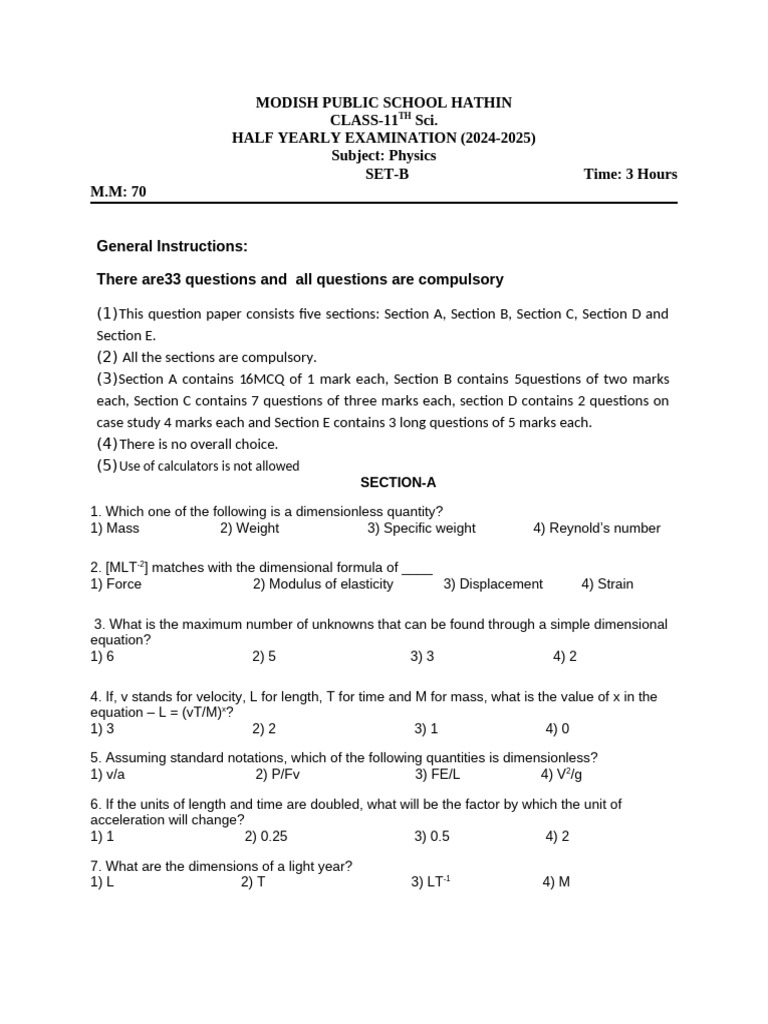 Class 11 Physics Half-Yearly Exam 2024 | PDF | Force | Acceleration