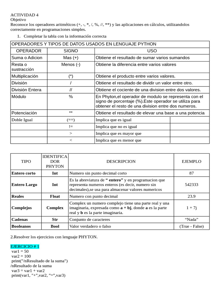 Operadores Aritméticos en Python | PDF | División (Matemáticas ...