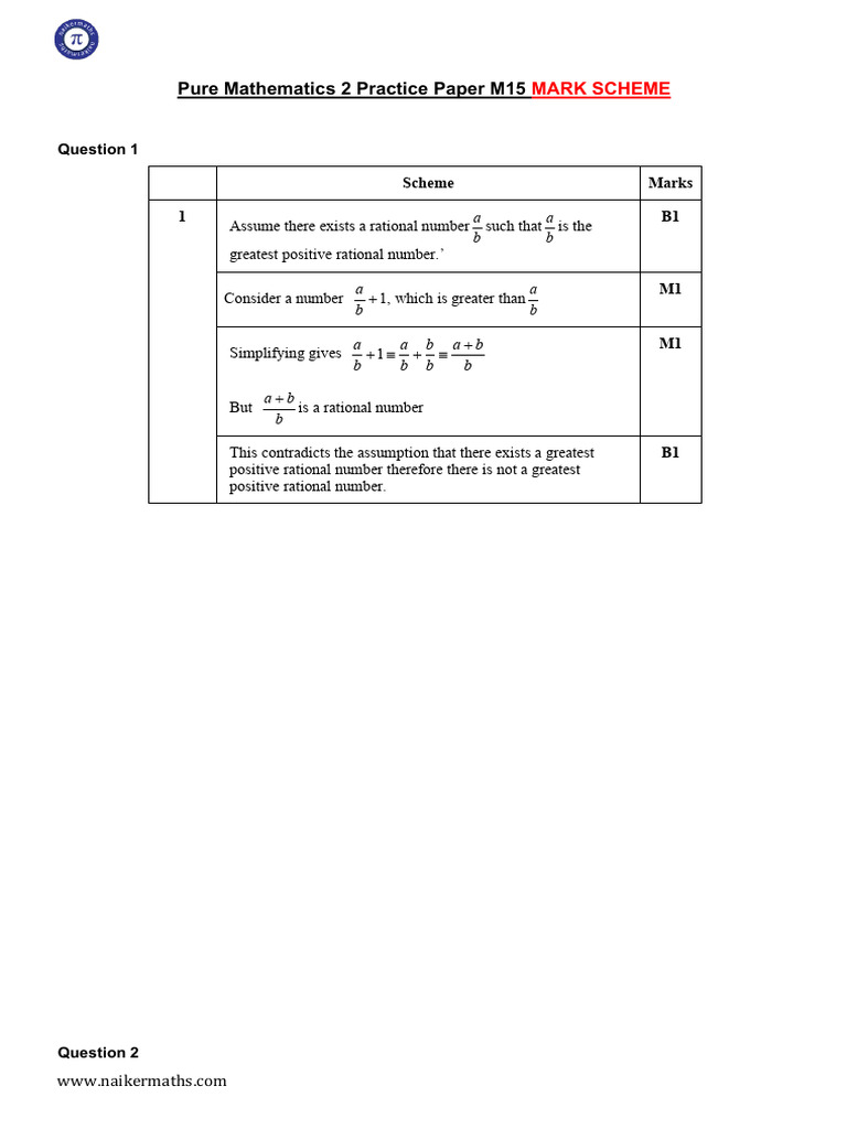 Pure Math 2 Practice Paper M15 Key | PDF