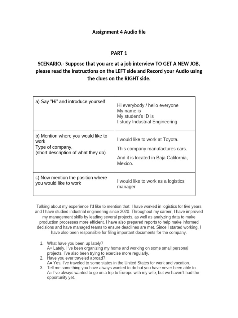 Job Interview Audio Assignment Guide | PDF | Business