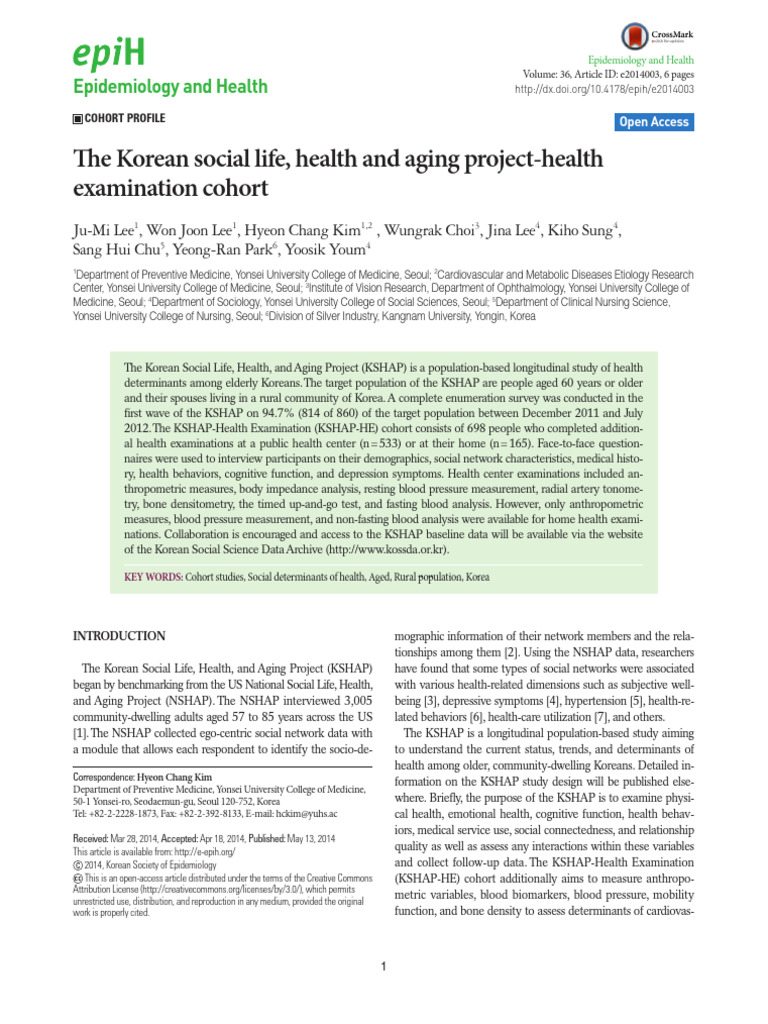 The Korean Social Life, Health and Aging Project-Health Examination ...