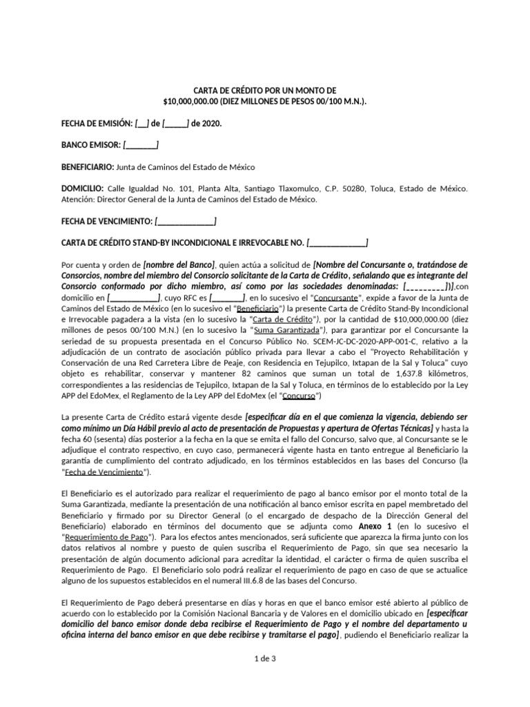 Carta de Crédito Stand-By de $10M M.N. | PDF | Carta de crédito | Bancos