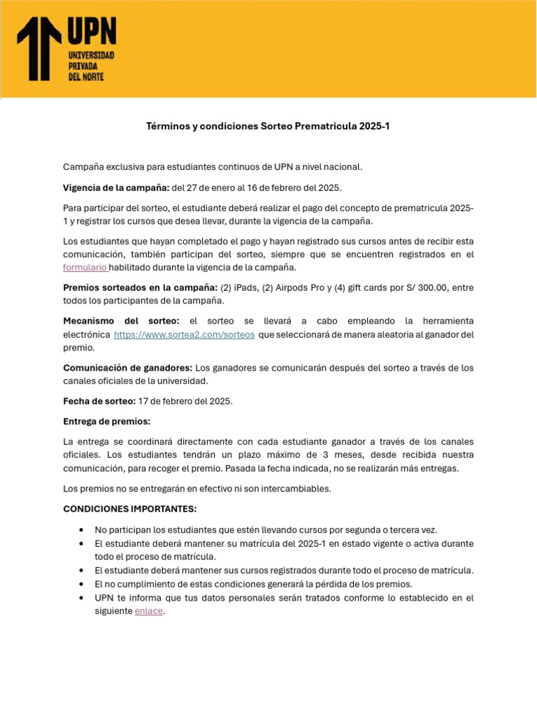 Sorteo Prematrícula UPN 2025-1 | PDF