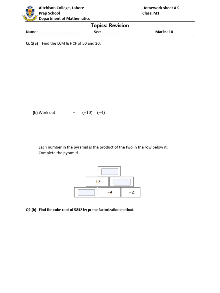 LCM and HCF Exercises for M1 Students | PDF