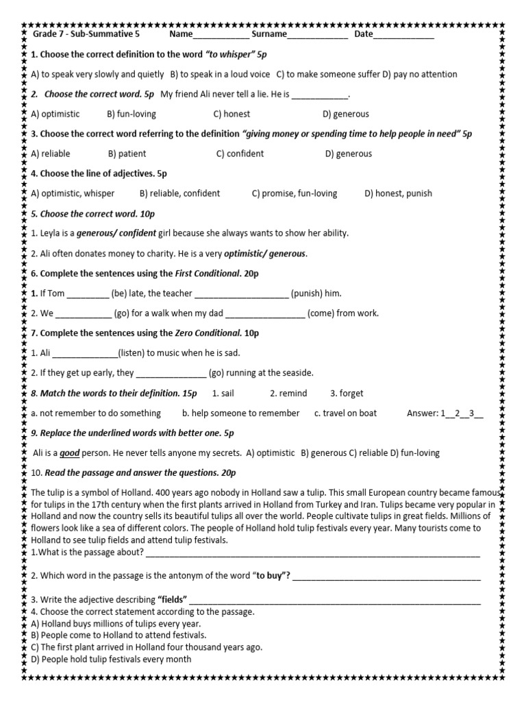 Grade 7 Vocabulary and Comprehension Test | PDF | Tulip