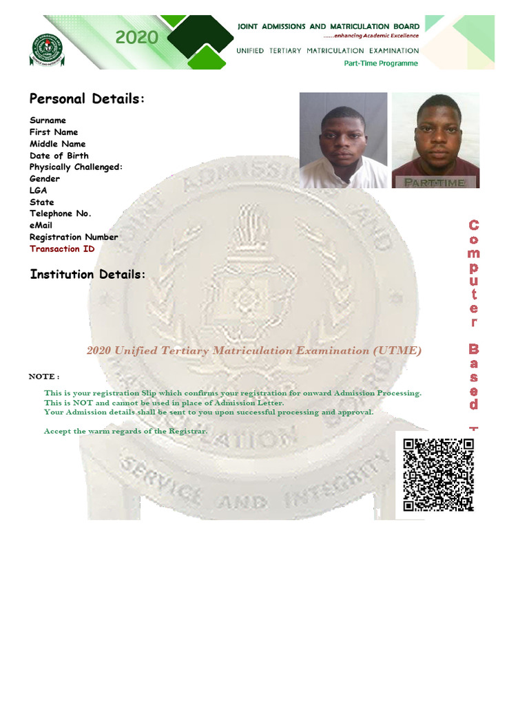 UTME 2020 Registration Slip for Akande | PDF