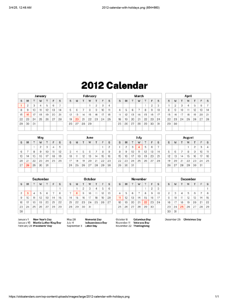 2012 Calendar with Holidays Image | PDF