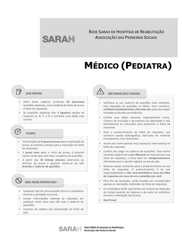 Rede Sarah 2025 Sarah Medico Pediatria Prova | PDF | Diarreia ...