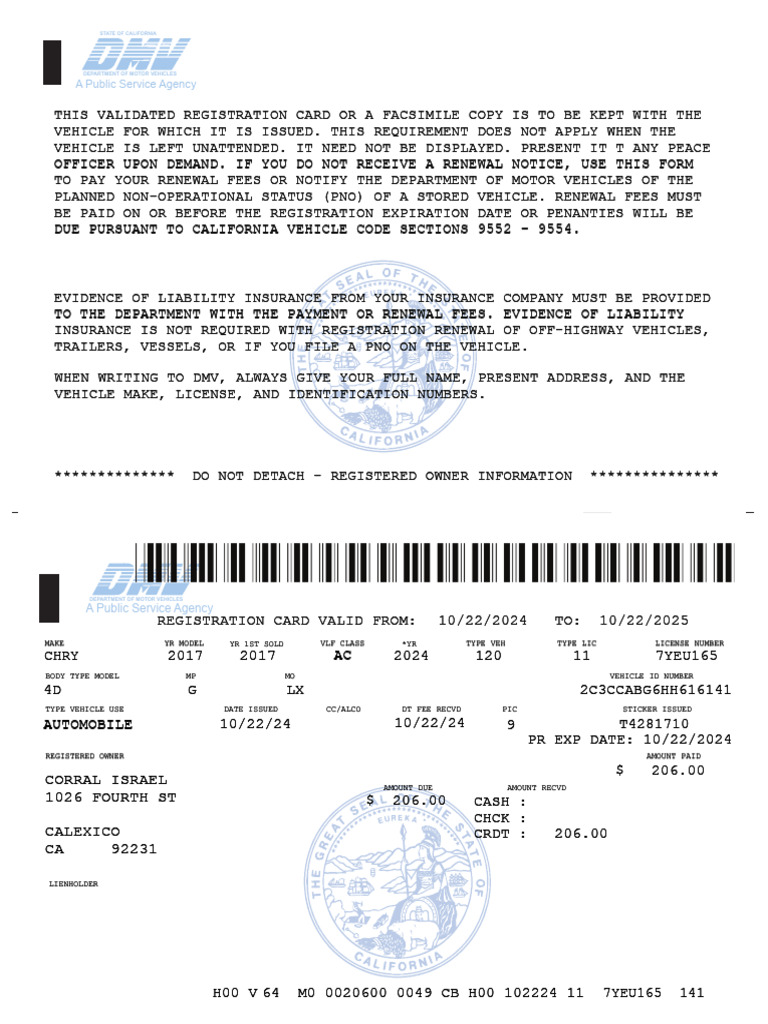 California Vehicle Registration Card | PDF | Department Of Motor ...