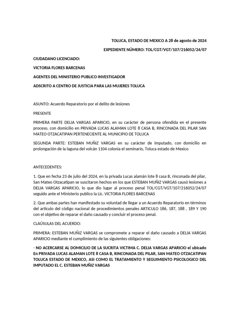 Acuerdo Reparatorio por Lesiones en Toluca | PDF | Justicia | Crimen y ...