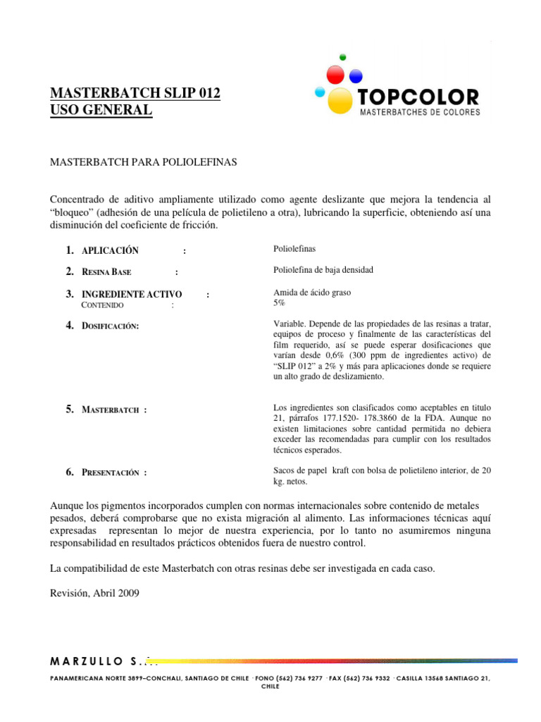Masterbatch Slip 012 para Poliolefinas | PDF | Materiales
