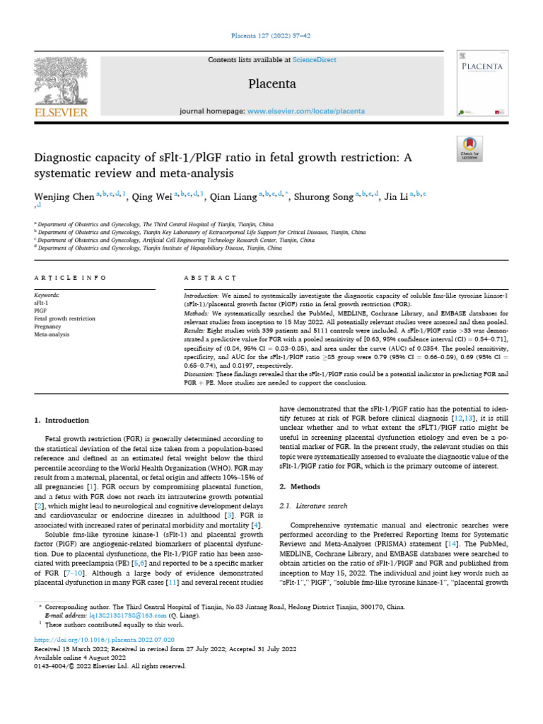 Diagnostic Capacity of sFlt-1:PlGF Ratio in Fetal Growth Restriction ...