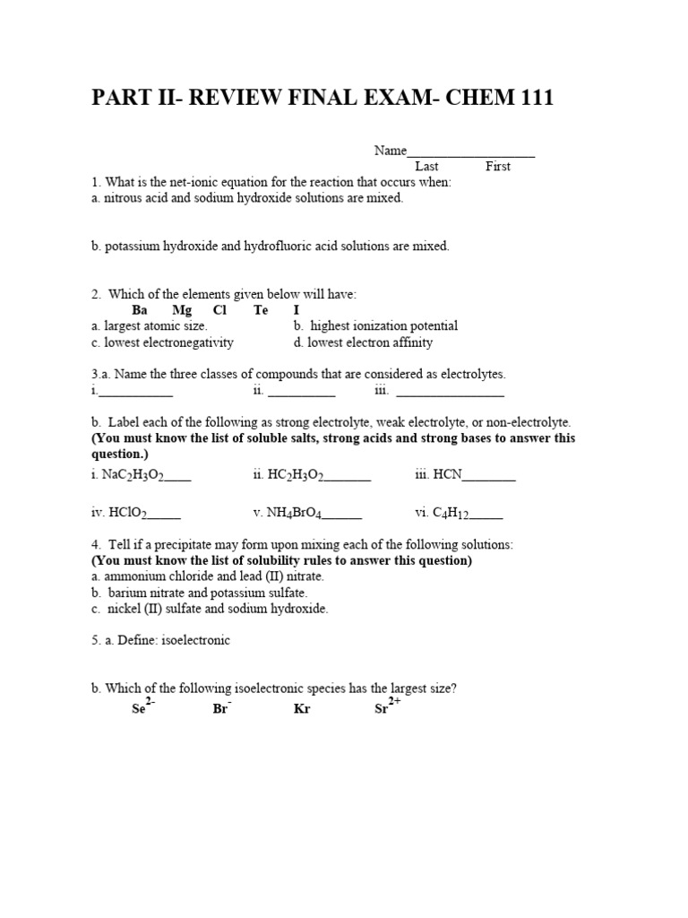 Part II Review Final Chem 111 | PDF | Salt (Chemistry) | Hydroxide