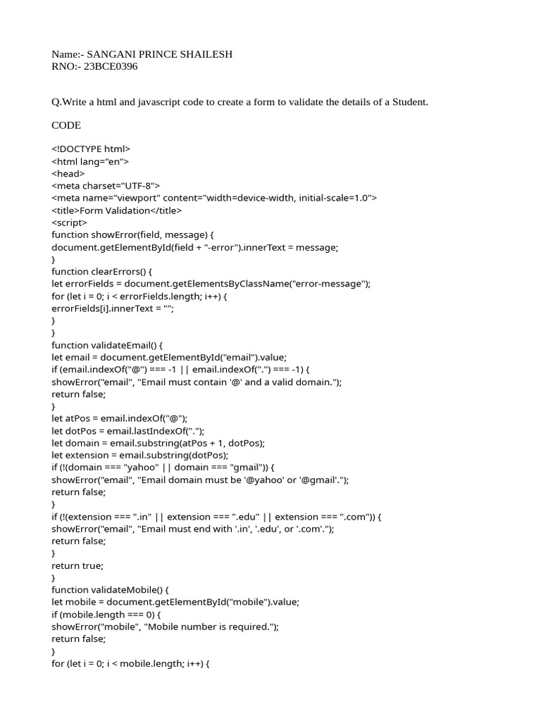Student Form Validation Code | PDF | Web Development | World Wide Web