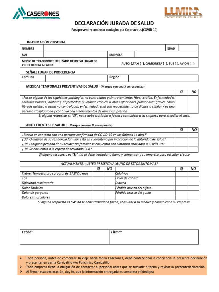 Declaración Jurada de Salud Vs Dic 2021 | PDF | Enfermedades y ...