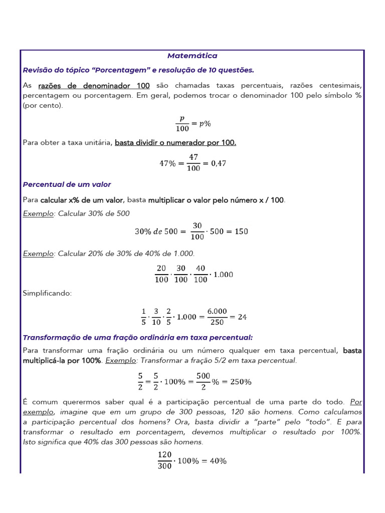 Matemática - Porcentagem | PDF | Percentagem | Matemática