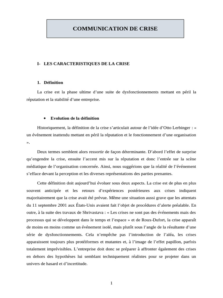 Caractéristiques et enjeux de la crise | PDF | la communication | Risque