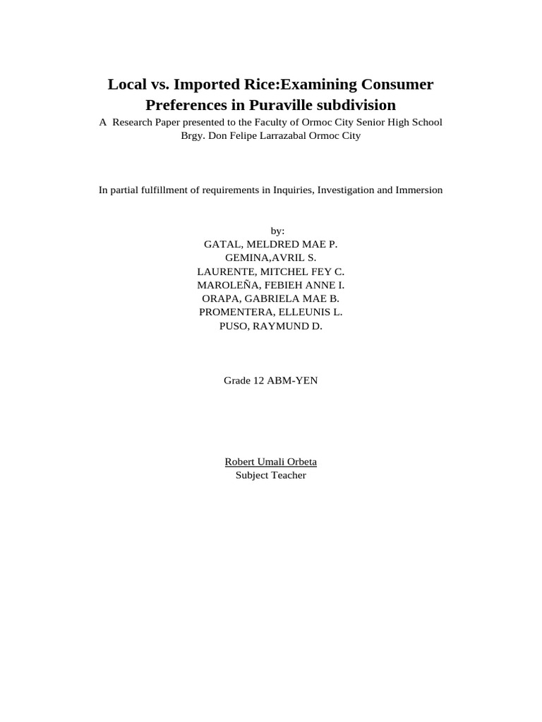 Local vs. Imported Rice:Examining Consumer Preferences in Puraville ...